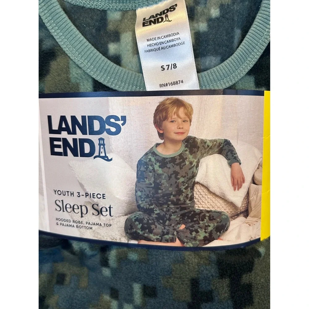 NWT Lands End Youth 3-Piece Sleep Set Hooded Robe Pajama Green Camo S 7/8 Fleece